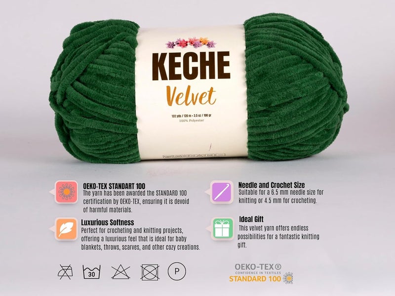 KECHE Velvet Yarn for Crocheting, Soft Chenille Bulky Baby Blanket Amigurumi Yarn 3x100 gr (3x132 yds) (3- Skeins) - Green - Image 3